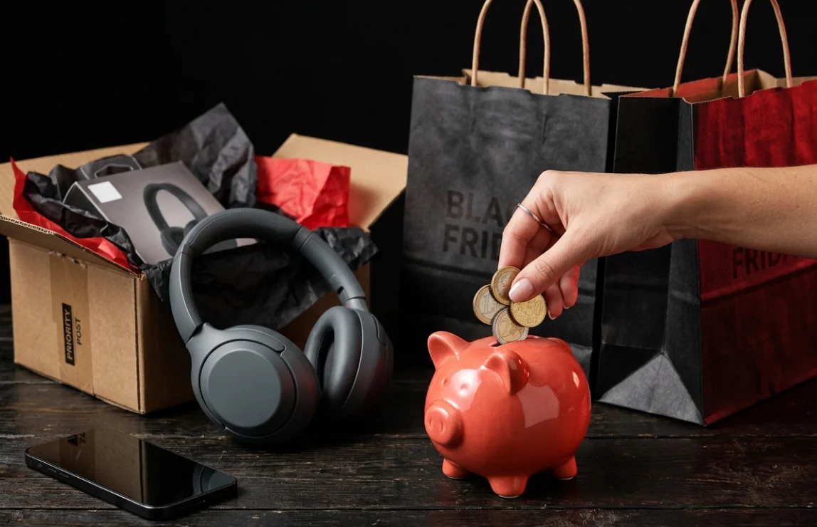 Main déposant des pièces dans une tirelire après des achats Black Friday, à côté d’un casque audio et de colis.