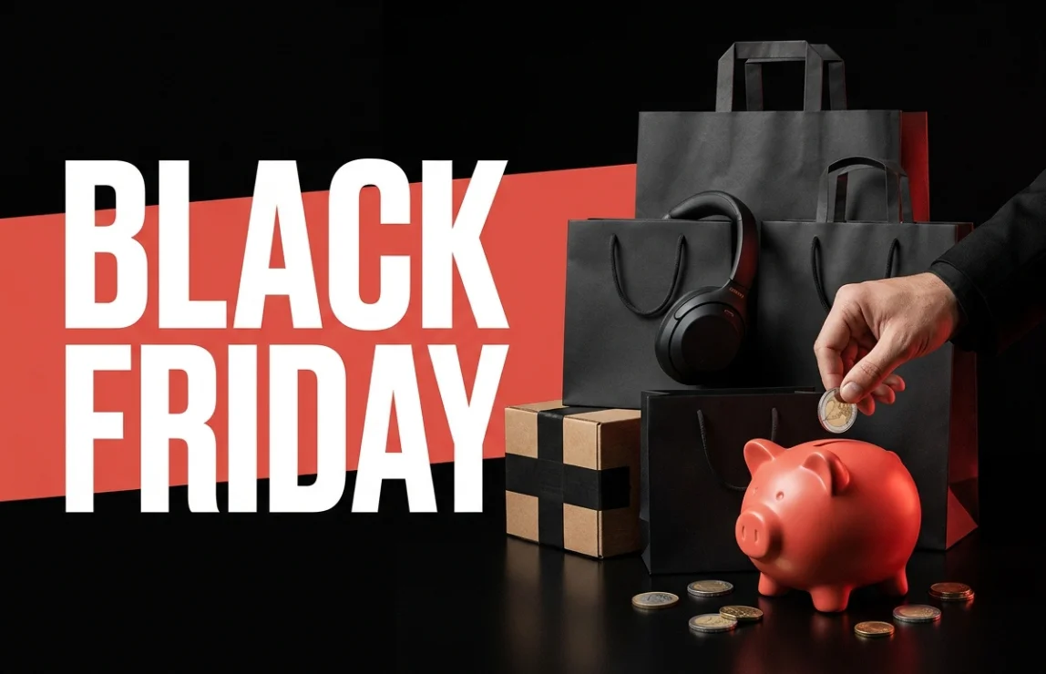 Black Friday : sacs de shopping et pièce déposée dans une tirelire pour illustrer le cashback.